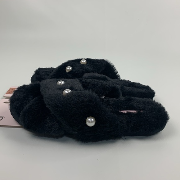 Sincerely Jules Black Fuzzy Pearl Slippers cross Open Toe Cushioned Medium NWT 8 - Picture 6 of 11